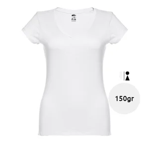 T-shirt da donna bianca scollo a v taglio aderente 100% cotone 150gr