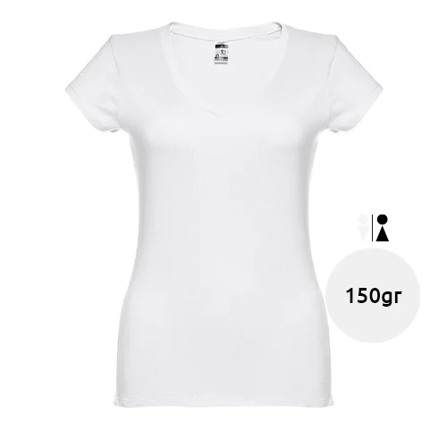T-shirt da donna bianca scollo a v taglio aderente 100% cotone 150gr