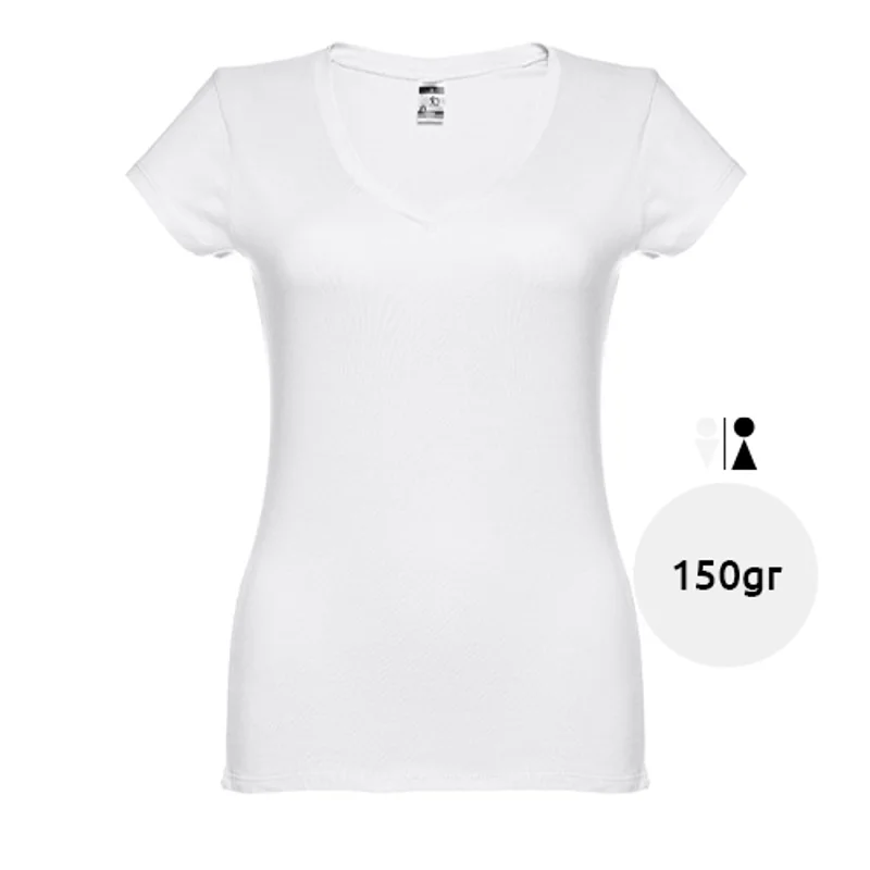 T-shirt da donna bianca scollo a v taglio aderente 100% cotone 150gr