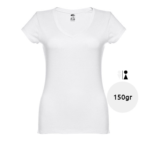 T-shirt da donna bianca scollo a v taglio aderente 100% cotone 150gr