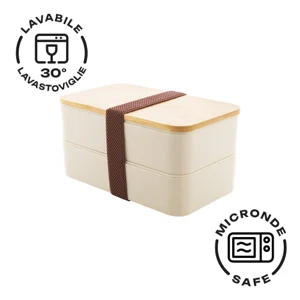 Porta pranzo a 2 scomparti contenitore e posate in plastica e coperchio bambù da 700ml