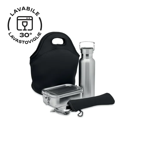 Set da pranzo in acciaio inox con borsa borraccia e posate