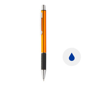 Penna a sfera in alluminio con impugnatura in gomma e fusto in colori assortiti con meccanismo a scatto e refill blu