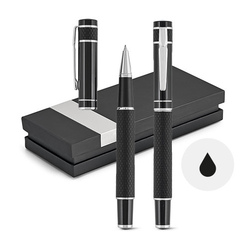 Set penne roller in metallo e similpelle con cappuccio in scatola regalo e refill nero