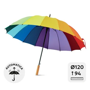 Ombrello arcobaleno automatico 27" con manico in legno