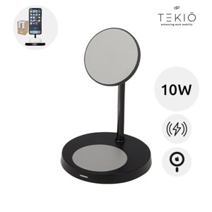 Supporto con ricarica wireless Tekiō con parte superiore magnetica da 10W e caricatore inferiore per cuffie da 5W fornito con scatola regalo