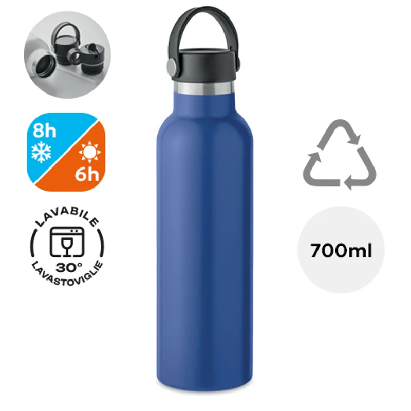 Borraccia in acciaio inox riciclato a doppio strato con tappo a vite anti-perdita e tappo a cannuccia intercambiabile da 700ml