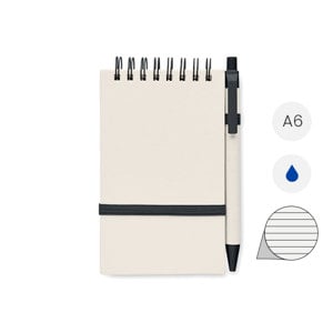 Block note A6 con spirale 70 fogli a righe in carta 70% cartone del latte riciclato e 30% carta riciclata con penna refill blu