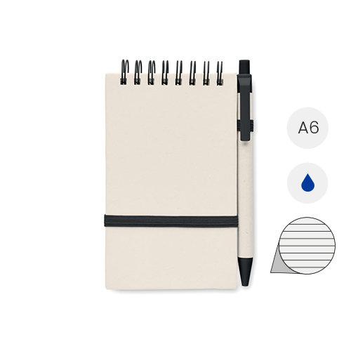 Block note A6 con spirale 70 fogli a righe in carta 70% cartone del latte riciclato e 30% carta riciclata con penna refill blu
