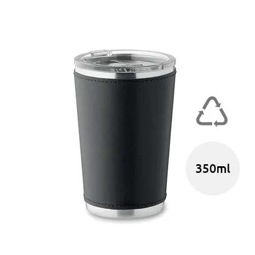 Bicchiere doppio strato in acciaio inox riciclato e custodia rimovibile in PU con coperchio da 350ml
