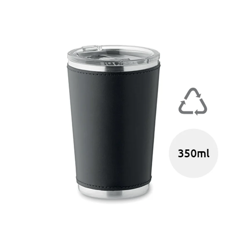 Bicchiere doppio strato in acciaio inox riciclato e custodia rimovibile in PU con coperchio da 350ml