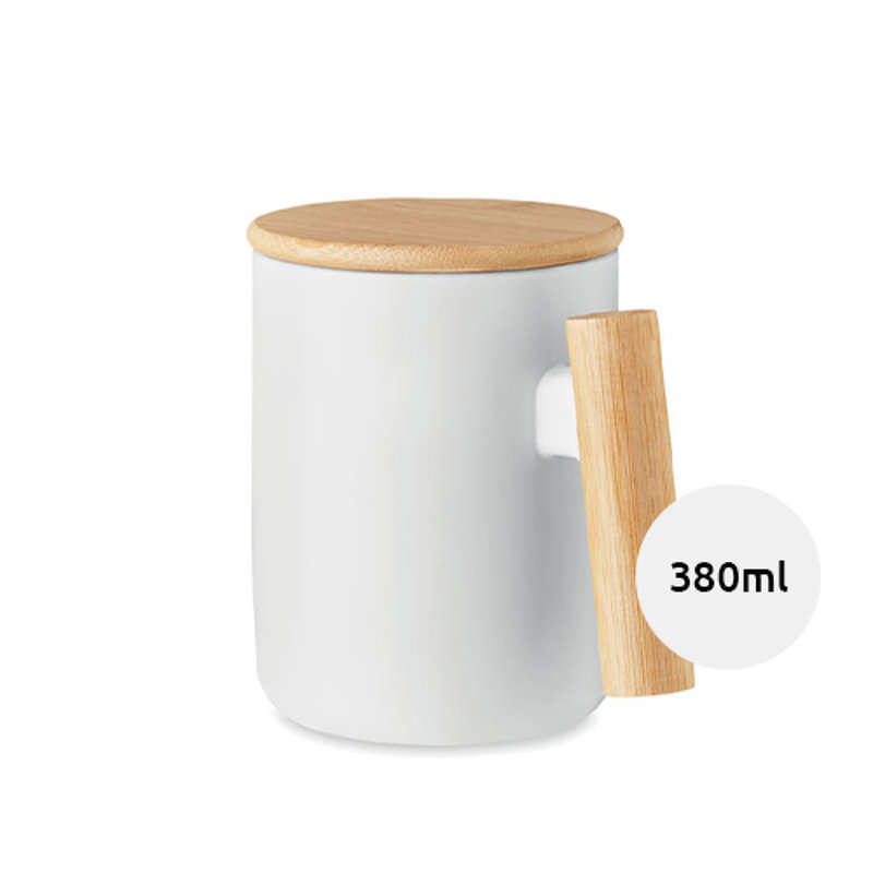 Tazza in porcellana con coperchio e manico in bambù da 380ml