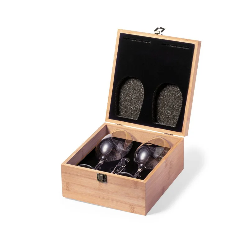 Set Vino in elegante astuccio di bambù include 2 calici in cristallo e cavatappi in acciaio inox