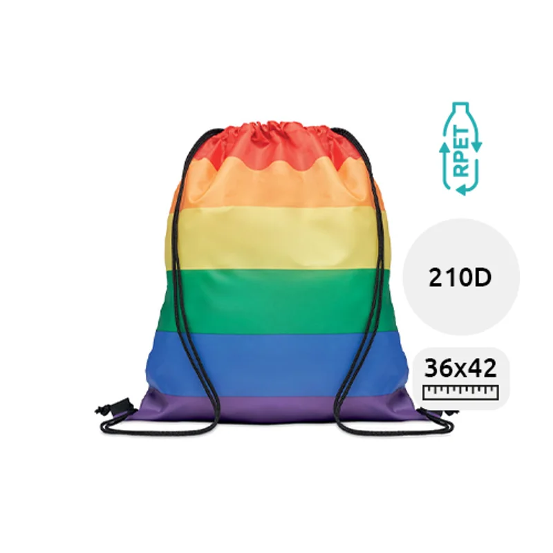 Sacca arcobaleno in RPET 210D con chiusura a coulisse 36x42cm
