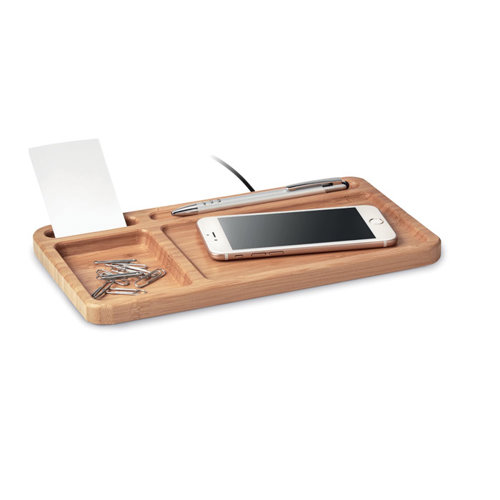 Portaoggetti da scrivania in bambù con caricatore wireless da 5W