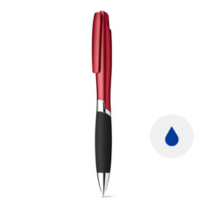 Penna a sfera in plastica con fusto color rosso e impugnatura in gomma nera e meccanismo a scatto e refill blu