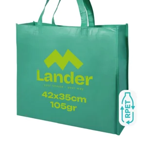Shopper in RPET a soffietto con finitura laminata con mainici lunghi da 105gr 42x35x15cm