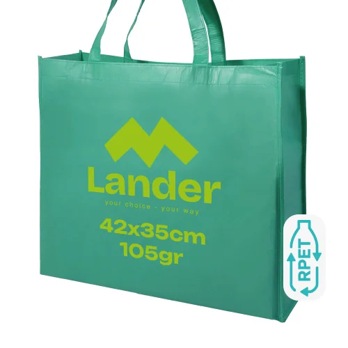 Shopper in RPET a soffietto con finitura laminata con mainici lunghi da 105gr 42x35x15cm