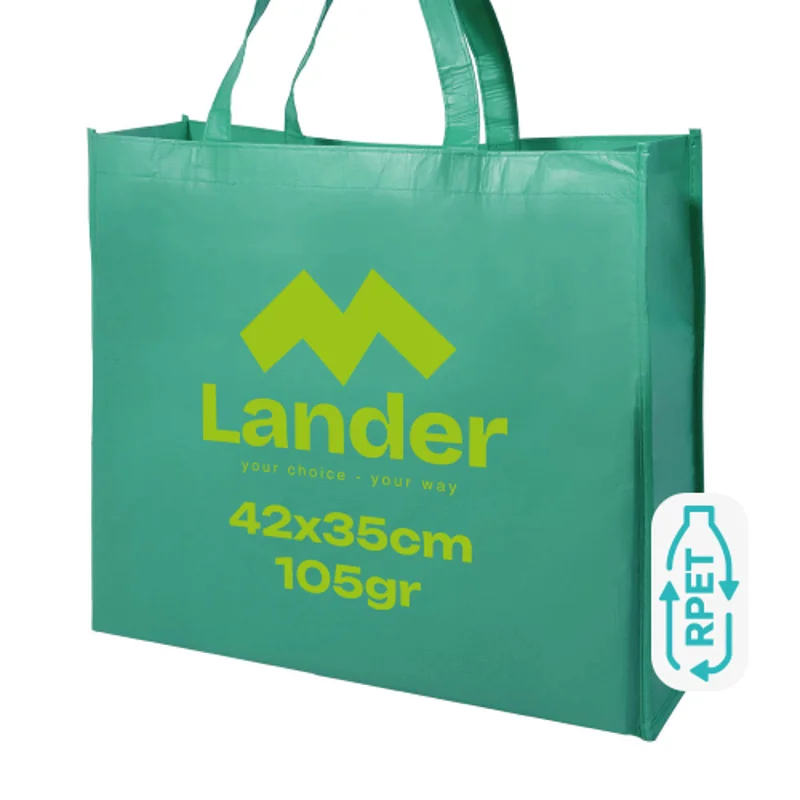Shopper in RPET a soffietto con finitura laminata con mainici lunghi da 105gr 42x35x15cm