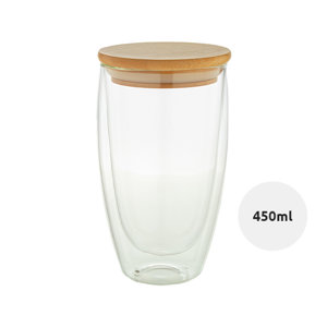 Bicchiere termico in vetro borosilicato a doppia parete con coperchio in bambù 450ml