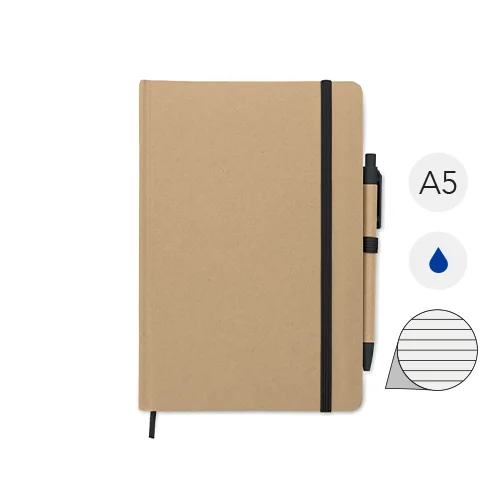 Block note in formato A5 copertina rigida in cartone riciclato pagine a righe con elastico segnapagina e penna refill blu