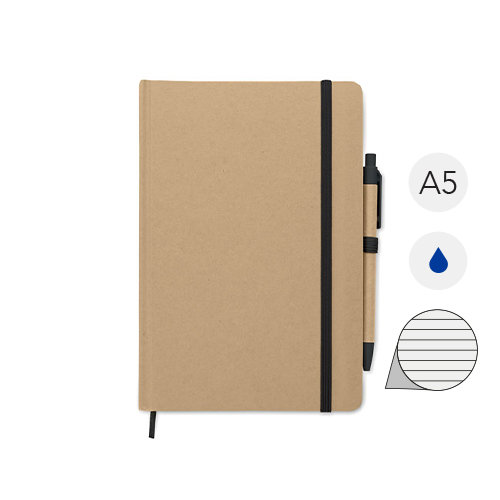Block note in formato A5 copertina rigida in cartone riciclato pagine a righe con elastico segnapagina e penna refill blu
