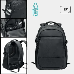 Zaino porta PC da 15" in 600D RPET con spallacci regolabili supporto per trolley schienale imbottito tasche esterne e interne