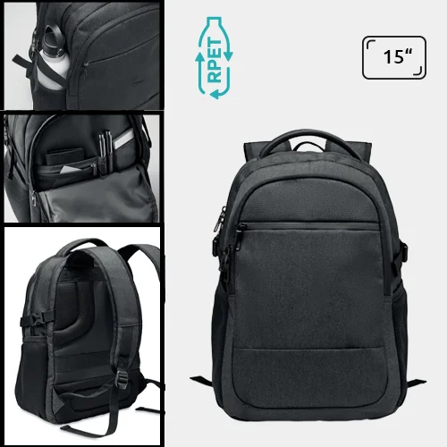 Zaino porta PC da 15" in 600D RPET con spallacci regolabili supporto per trolley schienale imbottito tasche esterne e interne