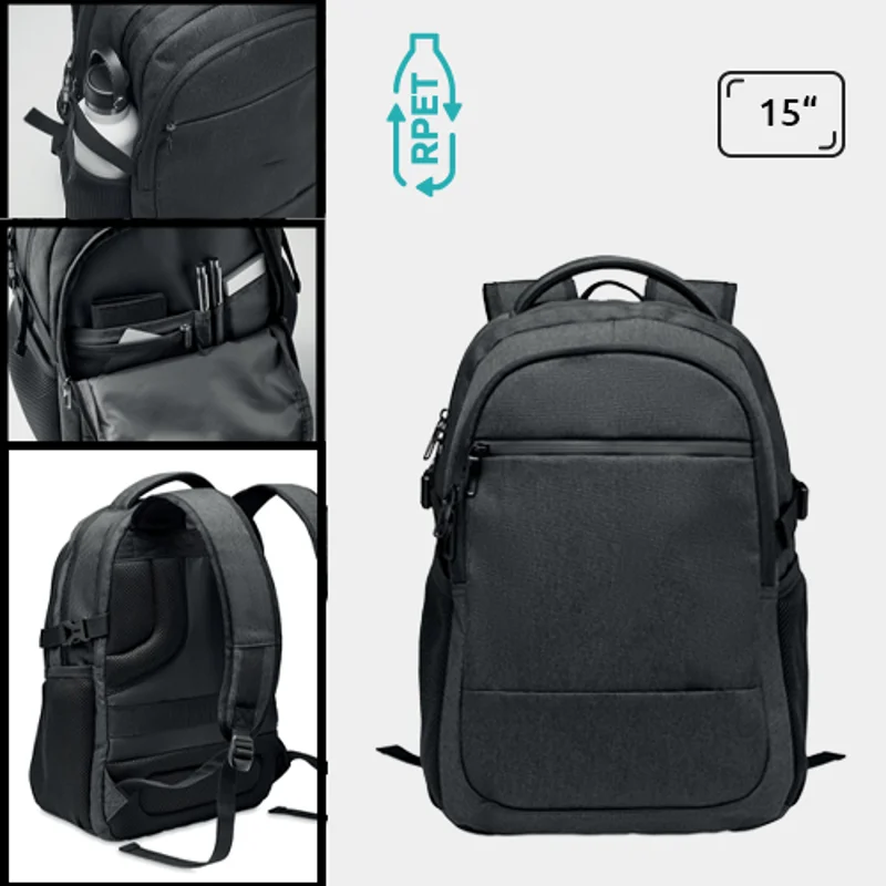 Zaino porta PC da 15" in 600D RPET con spallacci regolabili supporto per trolley schienale imbottito tasche esterne e interne