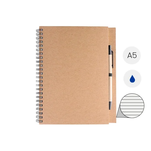 Block notes A5 con fogli a righe e penna in carta riciclata