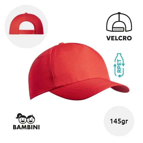 Cappellino per bambini in RPET 145gr a 5 pannelli con chiusura a velcro