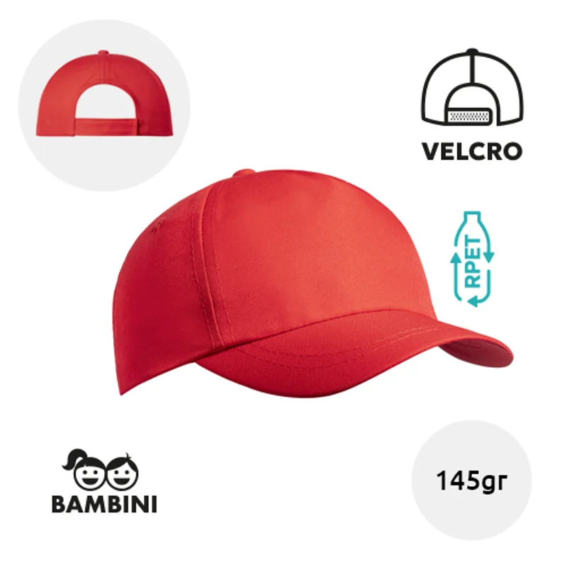 Cappellino per bambini in RPET 145gr a 5 pannelli con chiusura a velcro