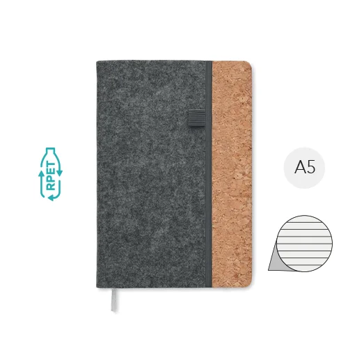 Block notes A5 on copertina in feltro RPET e sughero con 80 fogli a righe in carta riciclata