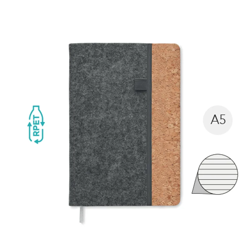 Block notes A5 on copertina in feltro RPET e sughero con 80 fogli a righe in carta riciclata