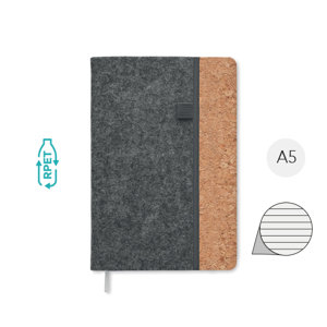 Block notes A5 on copertina in feltro RPET e sughero con 160 pagine a righe