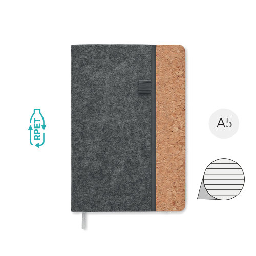 Block notes A5 on copertina in feltro RPET e sughero con 160 pagine a righe