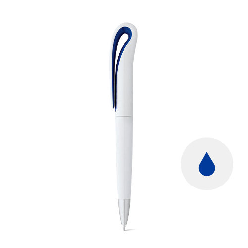 Penna a sfera in plastica con dettagli colorati e con meccanismo a rotazione e refill blu