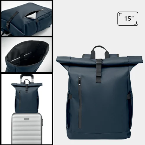 Zaino rolltop porta PC da 15" in poliestere 600D schienale imbottito cinghia trolley