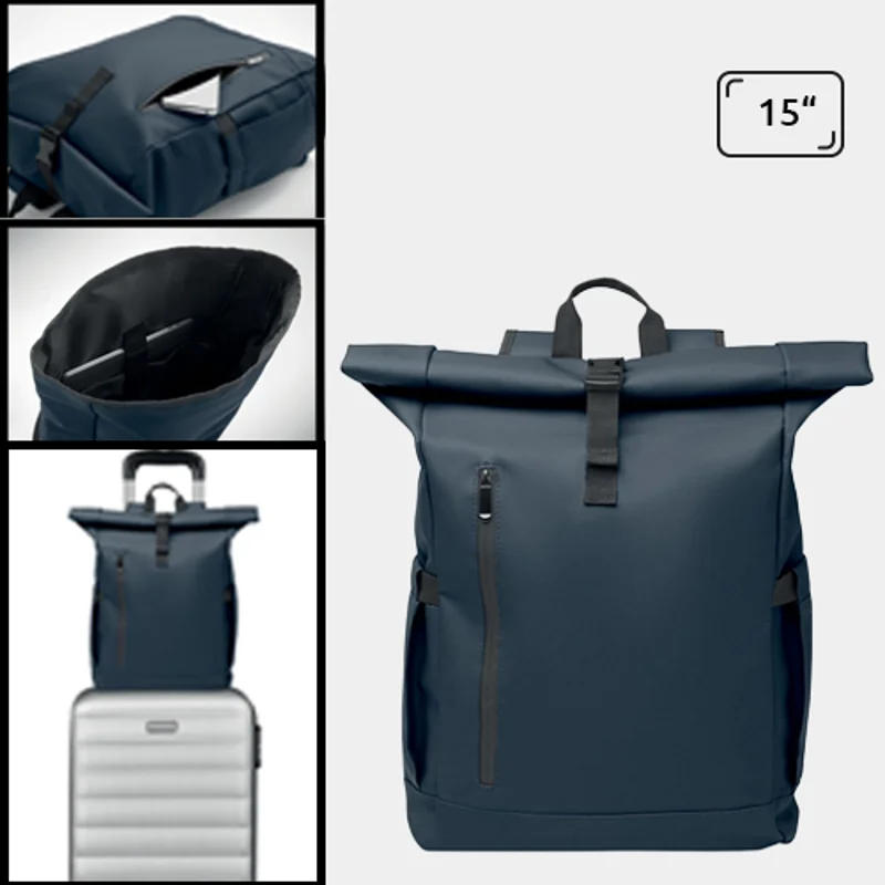 Zaino rolltop porta PC da 15" in poliestere 600D schienale imbottito cinghia trolley