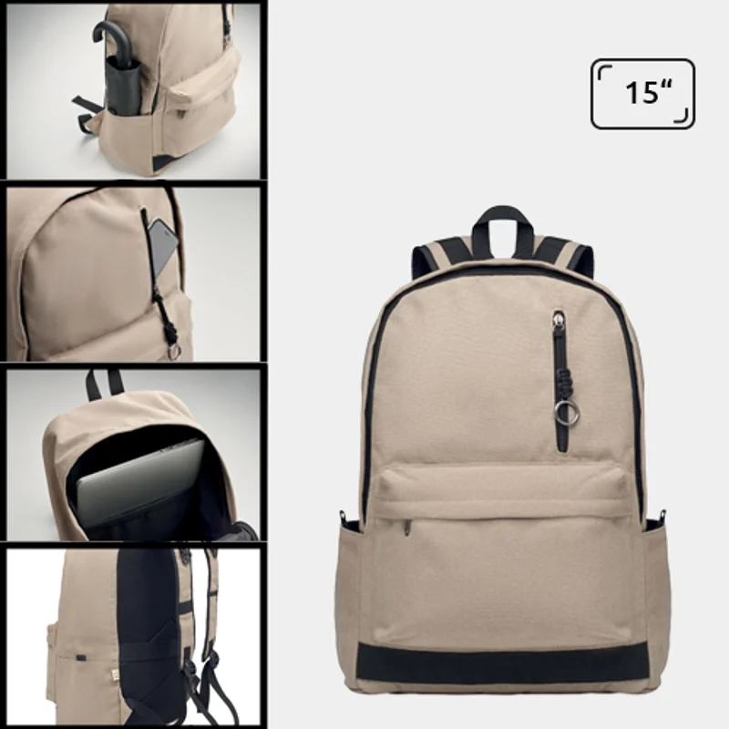 Zaino porta pc in cotone riciclato da 15 pollici con tasche frontali e laterali schienale fondo e spallacci imbottiti