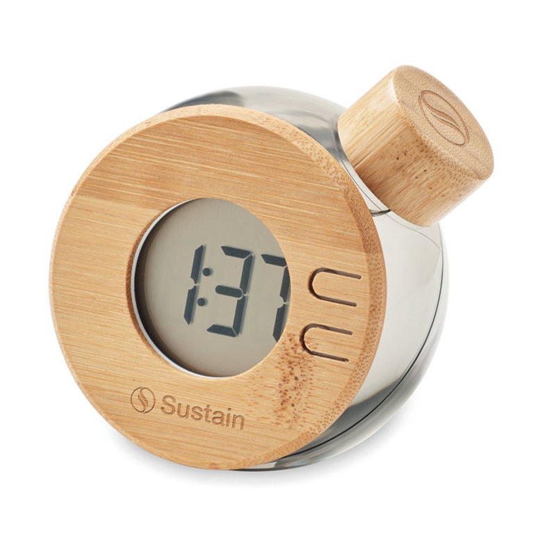 Orologio alimentato ad acqua con display LCD e dettagli in bambù