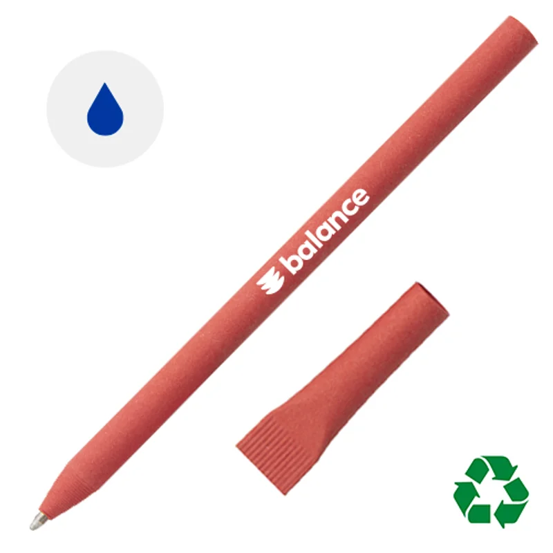 Penna in carta riciclata disponibile in vari colori con cappuccio e refill blu
