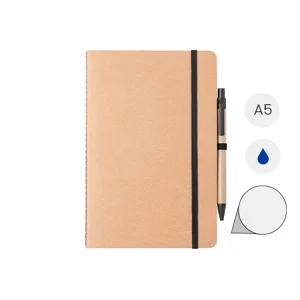 Block notes A5 in cartone riciclato con fogli neutri e penna a sfera refill blu