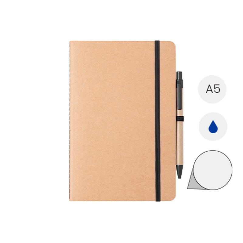 Block notes A5 in cartone riciclato con fogli bianchi e penna a sfera refill blu