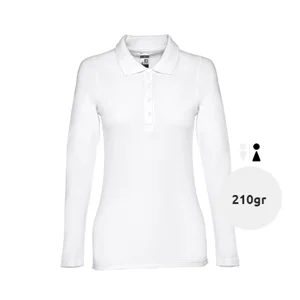 Maglietta polo da donna bianca in tessuto piqué a maniche lunghe taglio regolare 100% cotone 210gr