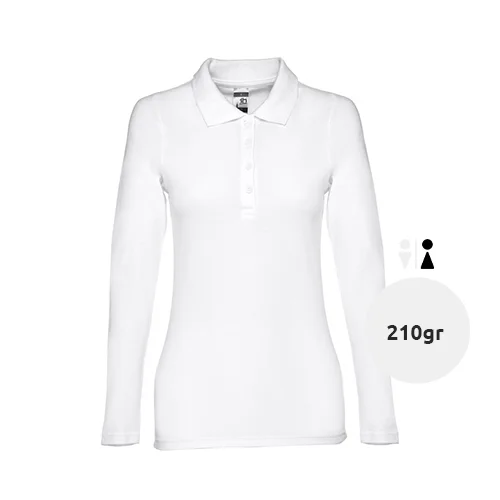 Maglietta polo da donna bianca in tessuto piqué a maniche lunghe taglio regolare 100% cotone 210gr