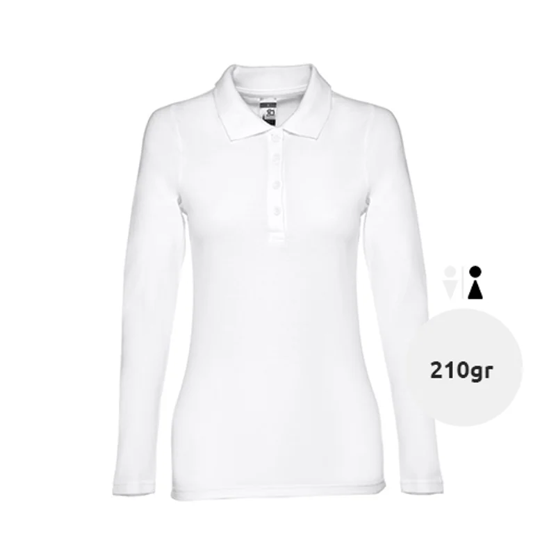 Maglietta polo da donna bianca in tessuto piqué a maniche lunghe taglio regolare 100% cotone 210gr