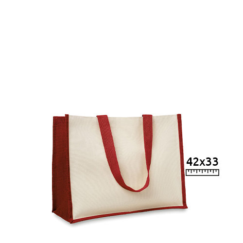Shopper in juta e tela con interno laminato e bordi e manici colorati 42x19x33cm