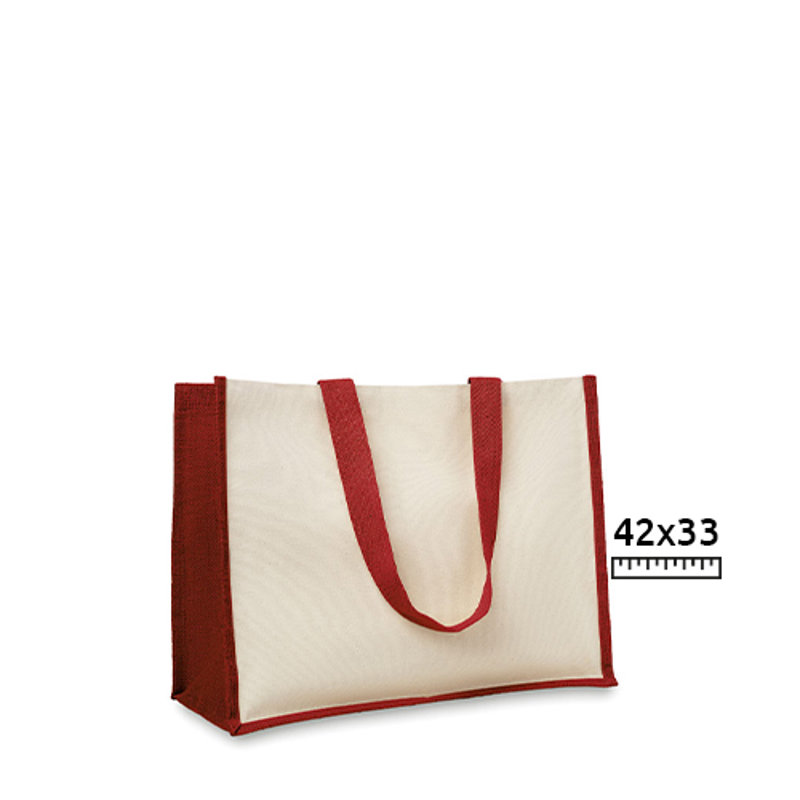 Shopper in juta e tela con interno laminato e bordi e manici colorati 42x19x33cm