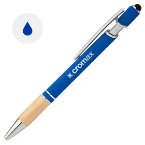 Penna a sfera in alluminio con impugnatura in bambù e finitura gommata colorata e punta touch e con meccanismo a scatto e refill blu